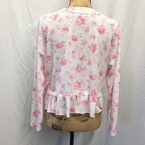 Altar'd State Floral Waffle Knit Peplum Top Pink White Long Sleeve sz S Boho - Picture 2 of 4